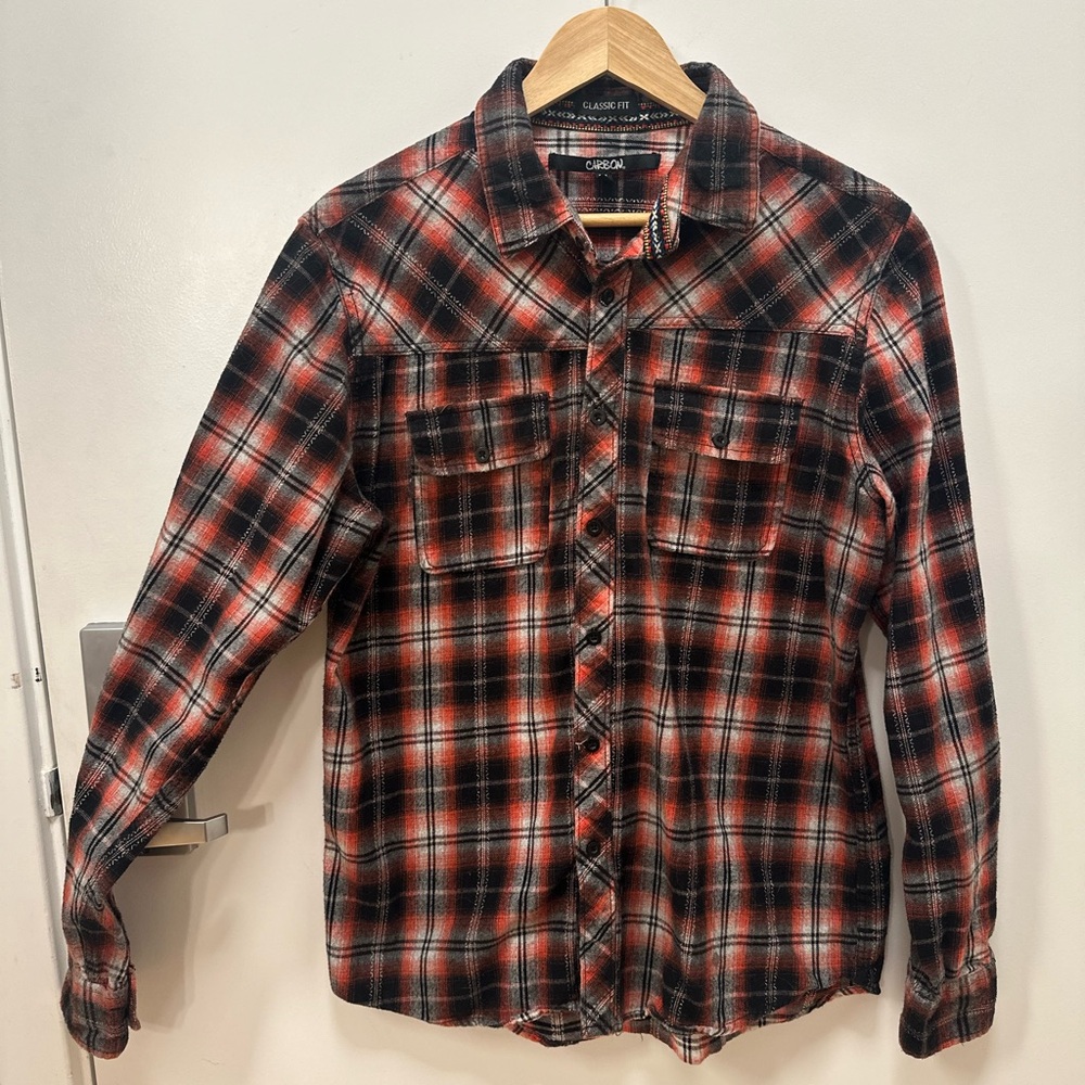 Men’s Red/Gray/Black Plaid Flannel Button-Up Shirt